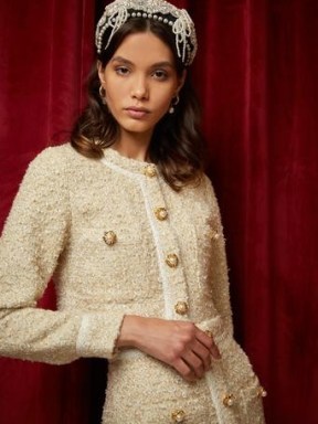 sister jane DREAM Crystal Tweed Cropped Jacket in Champagne ~ textured jackets from DREAM THE PEARL SPIN Collection ~ womens chic vintage style fashion ~ Jackie Kennedy inspired clothing