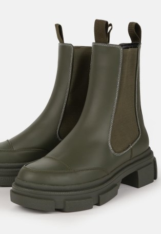 MISSGUIDED khaki contrast stitch rubberised pull on ankle boots ~ chunky dark green chelsea boots ~ women’s casual on-trend footwear - flipped