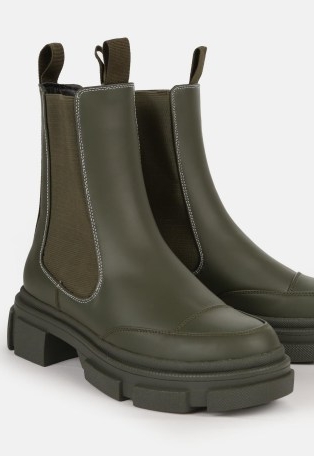 MISSGUIDED khaki contrast stitch rubberised pull on ankle boots ~ chunky dark green chelsea boots ~ women’s casual on-trend footwear