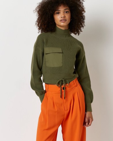 RIVER ISLAND KHAKI CROPPED JUMPER ~ womens green high neck utility jumpers - flipped