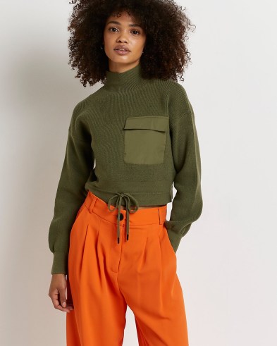 RIVER ISLAND KHAKI CROPPED JUMPER ~ womens green high neck utility jumpers