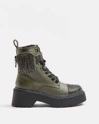 RIVER ISLAND KHAKI DIAMANTE EMBELLISHED CHUNKY BOOTS / women’s green thick sole footwear
