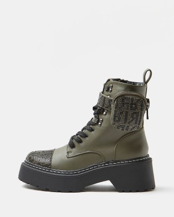 RIVER ISLAND KHAKI DIAMANTE EMBELLISHED CHUNKY BOOTS / women’s green thick sole footwear - flipped