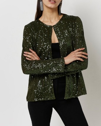 RIVER ISLAND KHAKI SEQUIN LONG SLEEVE JACKET ~ womens dark green sequinned evening jackets ~ party glamour - flipped