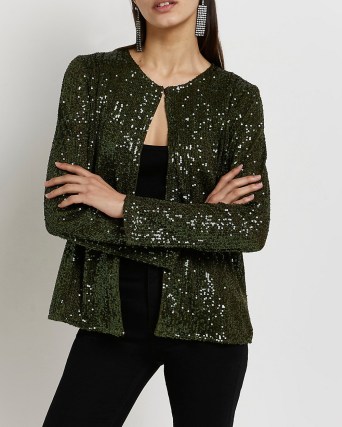 RIVER ISLAND KHAKI SEQUIN LONG SLEEVE JACKET ~ womens dark green sequinned evening jackets ~ party glamour