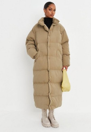 MISSGUIDED khaki soft touch maxi puffer coat ~ womens on-trend longline padded coats - flipped