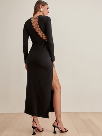 REFORMATION Kinsey Dress in Black ~ high split hem evening dresses ~ glamorous LBD ~ asymmetrical lace up detail fashion ~ cut-out back and side details - flipped