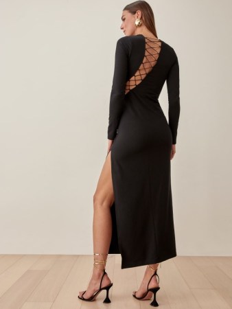 REFORMATION Kinsey Dress in Black ~ high split hem evening dresses ~ glamorous LBD ~ asymmetrical lace up detail fashion ~ cut-out back and side details