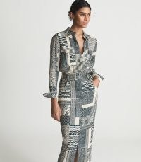 REISS KIRBY DITSY FITTED MIDI DRESS NEUTRAL ~ chic multi print fashion ~ pointed collar belted waist dresses