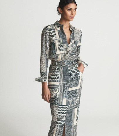 REISS KIRBY DITSY FITTED MIDI DRESS NEUTRAL ~ chic multi print fashion ~ pointed collar belted waist dresses