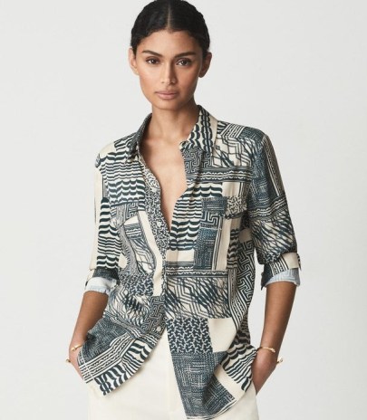 REISS KIRSTEN DITSY BLOUSE NEUTRAL ~ womens chic printed shirts ~ mixed print point collar blouses - flipped