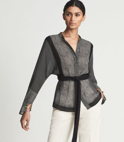 REISS KYRIA MIXED PRINT TIE BLOUSE BLACK ~ chic multi printed blouses ~ sophisticated semi sheer volume sleeve tie waist tops