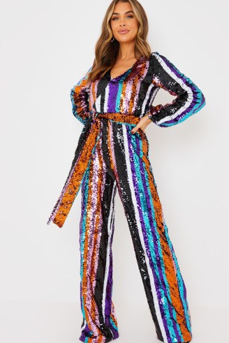 LADBABY MUM MULTI STRIPE SEQUIN JUMPSUIT | sequinned tie waist jumpsuits | glittering party fashion | womens celebrity inspired evening clothing | mulricoloured sequins - flipped