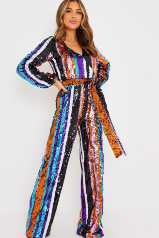 LADBABY MUM MULTI STRIPE SEQUIN JUMPSUIT | sequinned tie waist jumpsuits | glittering party fashion | womens celebrity inspired evening clothing | mulricoloured sequins