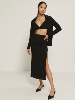 Reformation Landers Set in Black | womens on-trend fashion sets | women’s three piece clothing co-ords | thigh high split hem skirts