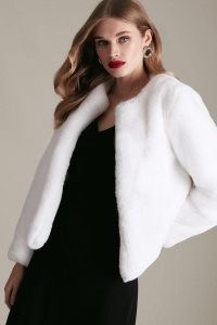 KAREN MILLEN Long Sleeve Faux Fur Short Coat in White / glamorous evening coats / luxe style occasion jackets