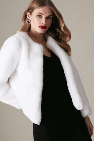KAREN MILLEN Long Sleeve Faux Fur Short Coat in White / glamorous evening coats / luxe style occasion jackets - flipped