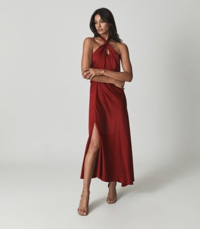 Reiss LORENA HALTERNECK SATIN MIDI DRESS DARK RED – knot detail halter neck evening dresses - flipped