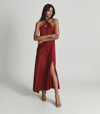 Reiss LORENA HALTERNECK SATIN MIDI DRESS DARK RED – knot detail halter neck evening dresses
