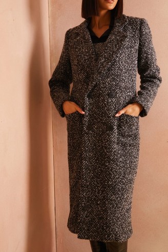 LORNA LUXE BLACK ‘ISABEL’ ZIG ZAG JACQUARD LONG COAT ~ celebrity inspired coats - flipped