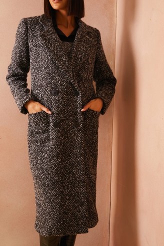 LORNA LUXE BLACK ‘ISABEL’ ZIG ZAG JACQUARD LONG COAT ~ celebrity inspired coats