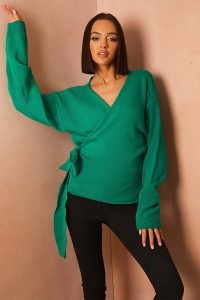 LORNA LUXE GREEN ‘BUT FIRST’ CARDIGAN ~ celebrity inspired side tie wrap cardigans ~ women’s fashionable knitwear