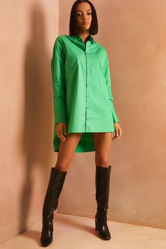 LORNA LUXE GREEN ‘PERFECT’ EXTREME POPLIN SHIRT ~ womens dip hem shirts with exaggerated cuffs - flipped