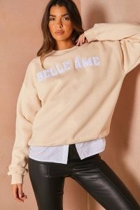 LORNA LUXE OFF WHITE TEDDY BORG ‘BELLE AME’ APPLIQUE OVERSIZED SWEATSHIRT ~ French slogan sweatshirts ~ celebrity inspired sports fashion