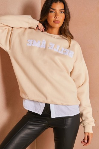 LORNA LUXE OFF WHITE TEDDY BORG ‘BELLE AME’ APPLIQUE OVERSIZED SWEATSHIRT ~ French slogan sweatshirts ~ celebrity inspired sports fashion - flipped