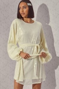 LORNA LUXE PREMIUM ‘EMILY’ WHITE SEQUIN BALLOON SLEEVE TIE WAIST MINI DRESS ~ sequinned volume sleeved party dresses ~ glamorous celebrity inspired evening fashion