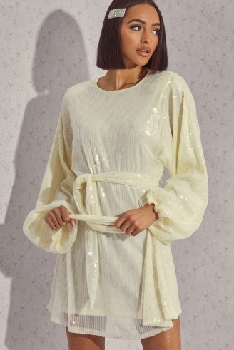 LORNA LUXE PREMIUM ‘EMILY’ WHITE SEQUIN BALLOON SLEEVE TIE WAIST MINI DRESS ~ sequinned volume sleeved party dresses ~ glamorous celebrity inspired evening fashion - flipped