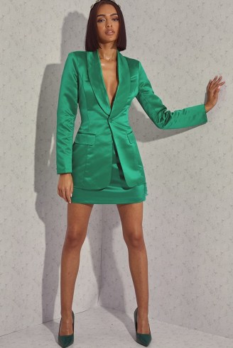 LORNA LUXE PREMIUM GREEN ‘WORKING GIRL’ SATIN BLAZER ~ womens on-trend blazers ~ women’s celebrity inspired jackets - flipped