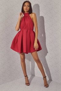 LORNA LUXE PREMIUM RASPBERRY ‘HOLLIE’ HALTERNECK EXAGGERATED PUFF HEM ~ celebrity inspired fit and flare party dresses ~ on-trend halter neck evening fashion ~ dark pink cocktail clothing