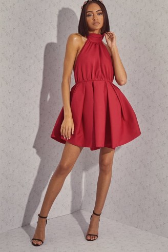 LORNA LUXE PREMIUM RASPBERRY ‘HOLLIE’ HALTERNECK EXAGGERATED PUFF HEM ~ celebrity inspired fit and flare party dresses ~ on-trend halter neck evening fashion ~ dark pink cocktail clothing - flipped