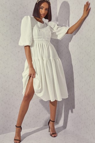 LORNA LUXE PREMIUM WHITE ‘CÉCILE’ STRUCTURED BODICE PUFF SLEEVE TIERED MIDI DRESS | volume sleeved dresses - flipped
