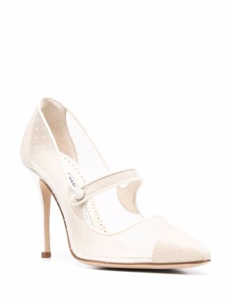 Manolo Blahnik Camparimesh Mary Jane pumps in white / semi sheer polka dot Mary Janes / spot print high heel shoes - flipped