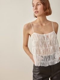REFORMATION Marah Top in White ~ sheer floral lace cami tops ~ ruched tiered camisole ~ spaghetti strap camisoles