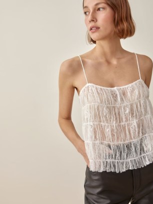 REFORMATION Marah Top in White ~ sheer floral lace cami tops ~ ruched tiered camisole ~ spaghetti strap camisoles