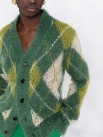 Marni argyle-check V-neck cardigan in green / womens luxe front button up cardigans / women’s classic checked pattern knitwear - flipped