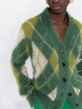 Marni argyle-check V-neck cardigan in green / womens luxe front button up cardigans / women’s classic checked pattern knitwear