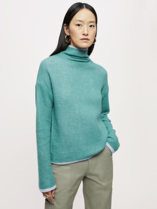 Jigsaw Merino Cashmere Reversible Jumper Green | womens soft feel RWS high neck jumpers | women’s Responsible Wool Standard knitwear - flipped