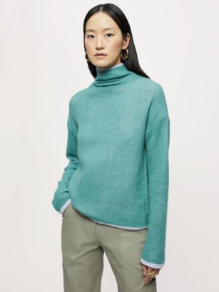 Jigsaw Merino Cashmere Reversible Jumper Green | womens soft feel RWS high neck jumpers | women’s Responsible Wool Standard knitwear