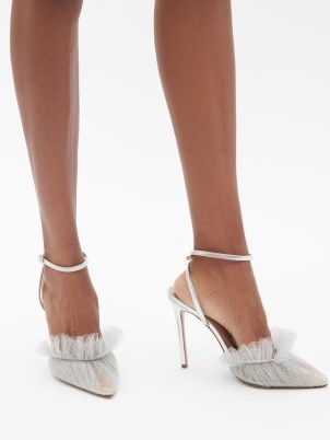 ANDREA WAZEN Franca tulle and silver leather pumps ~ metallic ankle strap ruffled edge party heels ~ luxe evening shoes - flipped