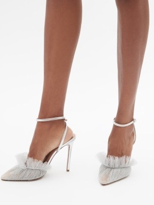 ANDREA WAZEN Franca tulle and silver leather pumps ~ metallic ankle strap ruffled edge party heels ~ luxe evening shoes