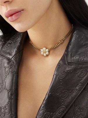 GUCCI GG faux-pearl chain choker / designer floral chokers / womens luxe gold-tone fashion jewellery