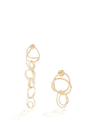 COMPLETEDWORKS Tumble mismatched recycled gold-plated earrings – asymmetric linked hoop drops – womens contemporary jewellery - flipped