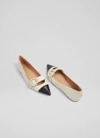 L.K. Bennett MILLIAN CREAM AND BLACK LEATHER PEARL BUCKLE FLATS | chic point toe ballerinas | embellished colour block flat shoes
