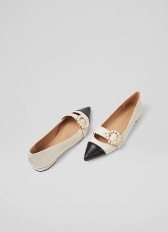 L.K. Bennett MILLIAN CREAM AND BLACK LEATHER PEARL BUCKLE FLATS | chic point toe ballerinas | embellished colour block flat shoes - flipped