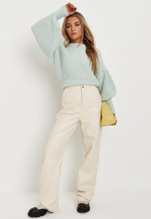 MISSGUIDED mint cinched waist puff sleeve handknit jumper ~ green balloon sleeved jumpers - flipped