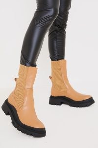 IN THE STYLE MOCHA STRETCH PULL ON CHUNKY BOOTS ~ womens light brown on-trend footwear